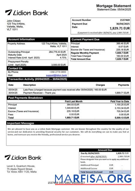 Downloadable Malta Lidion Bank mortgage statement Word and PDF template